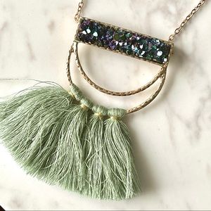 Long Gold Necklace w/ Tassels & Druzy Stone